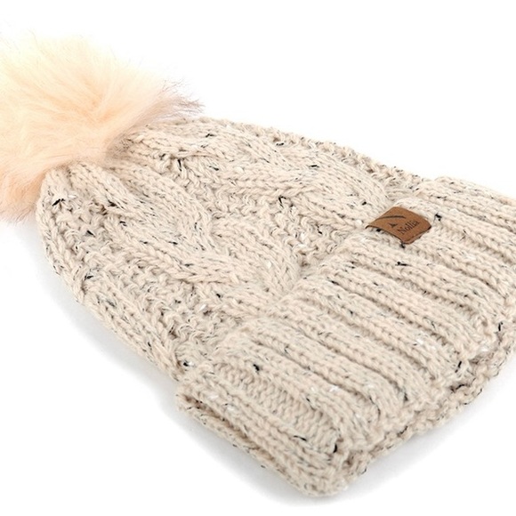 Hat and Scarf Set Knit Tweed Faux Fur Pom Pom NEW - Picture 5 of 8